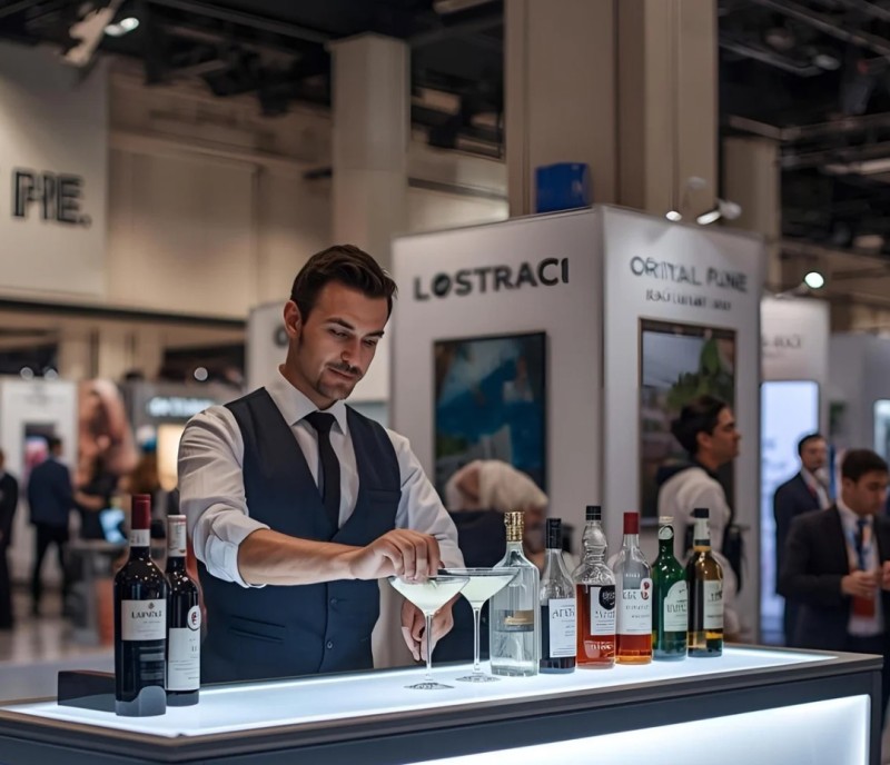  Stand bar mobile élégant avec éclairage LED, bartender professionnel servant des cocktails à des visiteurs en tenue business, panneaux d'exposition en arrière-plan, ambiance professionnelle et moderne